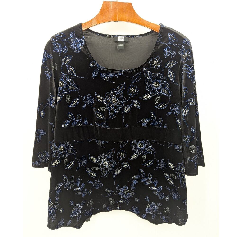 Studio 1940 Plus Velvet Floral Top 18/20W Black Blue Scoop Neck Blouse Babydoll